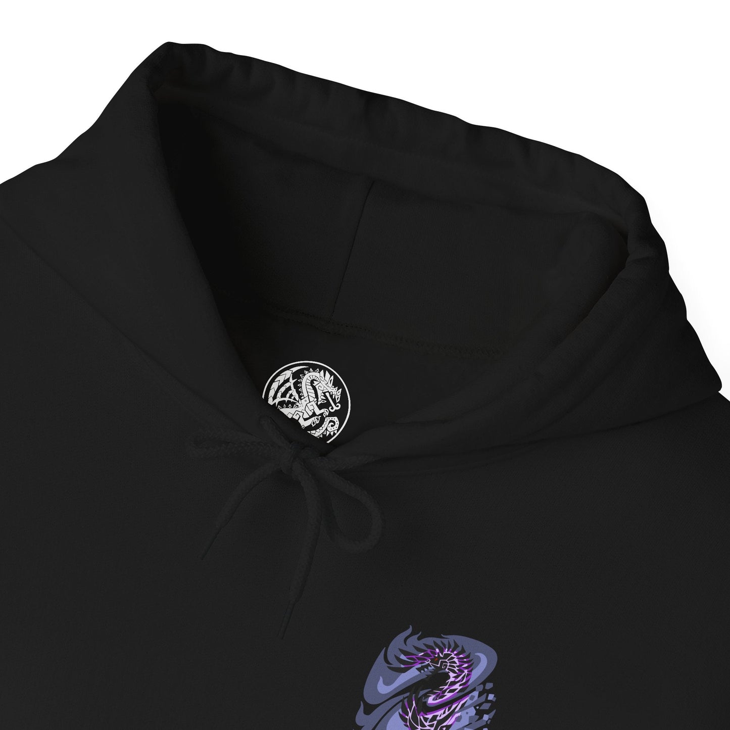 Folded Hooded Sweatshirt of Alatreon soaring above a ruined battlefield, its obsidian scales glowing as multiple elemental forces collide around its wings. Firestorms, ice crystals, lightning bolts, and dragon energy spiral together beneath a darkened sky while the earth crumbles below. The composition emphasizes divine destruction, elemental supremacy, and the apocalyptic presence of one of Monster Hunter's most iconic and feared Black Dragons.