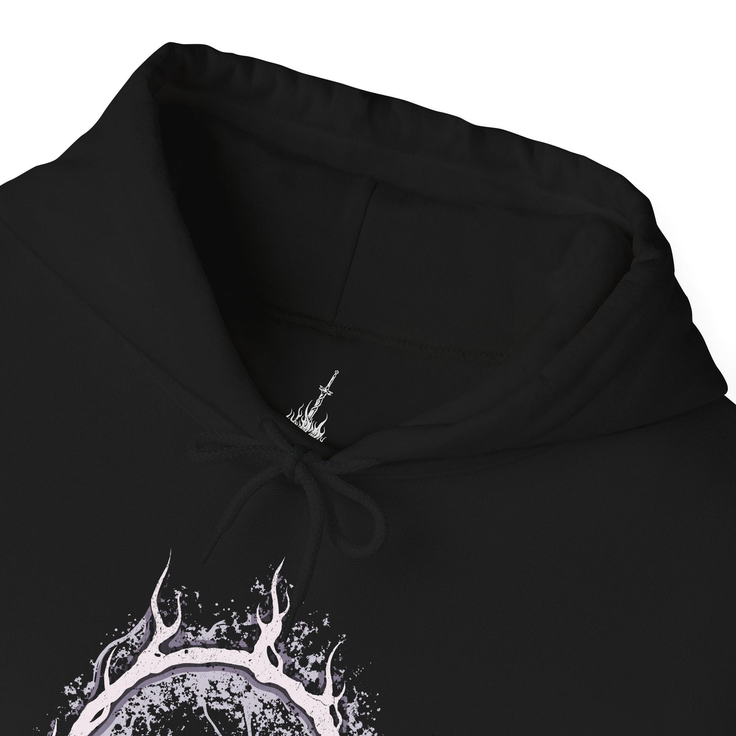 Folded Hooded Sweatshirt of Aldrich rising from a pool of shadow, skeletal remains embedded within his sludge-like body as dark miracles erupt outward. Fragments of shattered stained glass glow faintly behind him, symbolizing a faith twisted into hunger. The composition emphasizes corruption, blasphemy, and the apocalyptic decay consuming Dark Souls III’s once-holy capital.