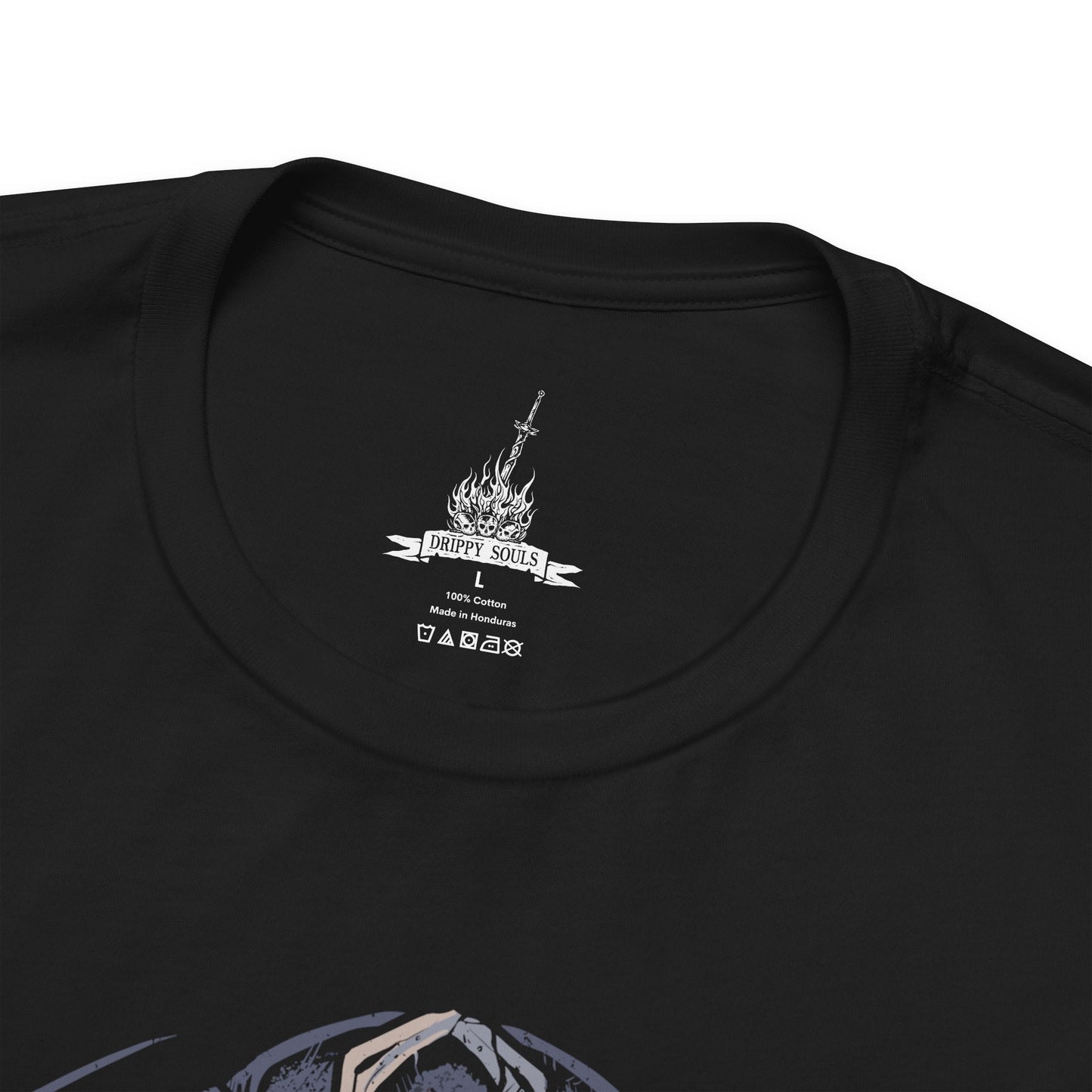 Folded T-Shirt design of the Ashen One and the Fire Keeper from Dark Souls III, standing together within the tranquil Firelink Shrine as fading embers drift through the air. The Fire Keeper's blindfold and flowing robes contrast with the Ashen One's battle-worn armor and weapon, symbolizing hope amid a dying world. The design captures their bond, the burden of linking the First Flame, and the endless cycle of fire and darkness.