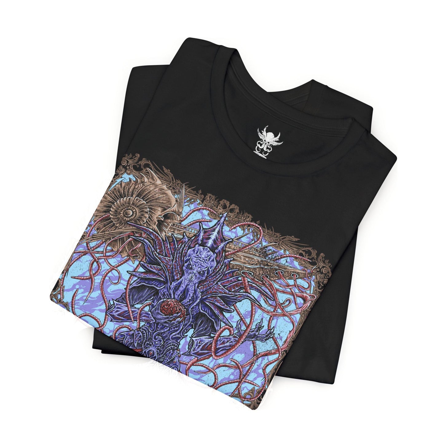 Folded T-shirt featuring The Emperor from Baldur’s Gate 3, the enigmatic Mind Flayer who guides the player through the mysteries of the tadpole and the dream realm. With his imposing psionic presence and shifting motives, The Emperor embodies both calculated manipulation and uneasy alliance. This design captures his tentacled visage, astral glow, and the eldritch power of illithid domination.
