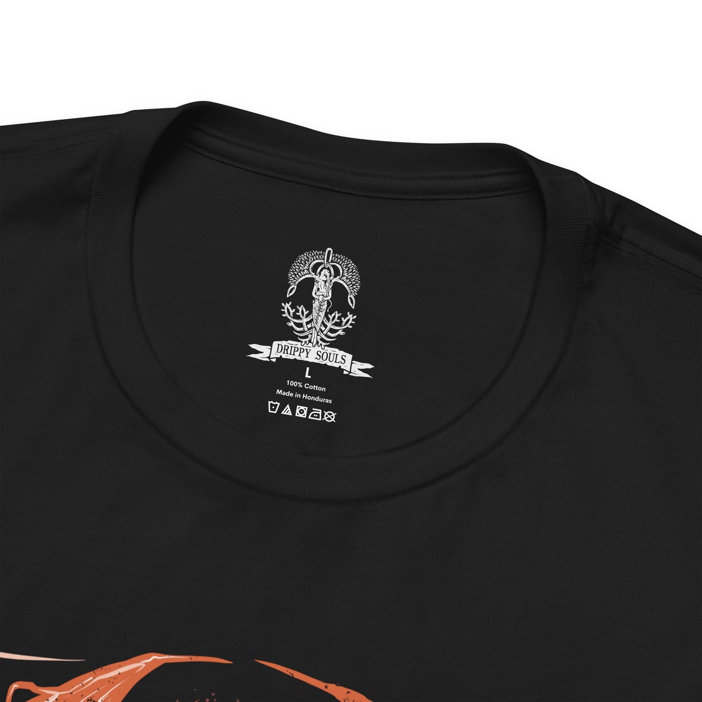Folded T-Shirt design of Bayle the Dread from Elden Ring: Shadow of the Erdtree, towering atop the Jagged Peak as crimson lightning erupts around his scarred draconic body. Torn wings and shattered horns reveal the brutal wounds left by his ancient war with Dragonlord Placidusax. The design captures Bayle's overwhelming fury, legendary resilience, and the savage hatred that made him one of the most feared ancient dragons.