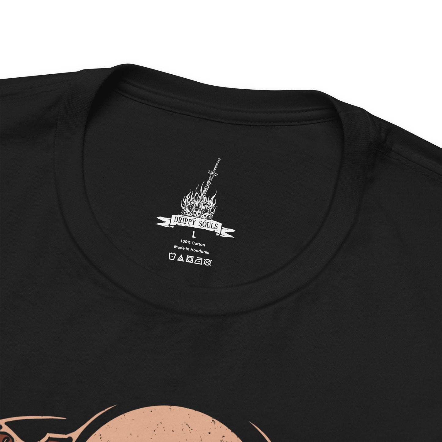 Folded T-shirt design of the Bearer of the Curse clad in Faraam Armor from Dark Souls II, standing beside the Emerald Herald at Majula’s windswept cliffs. The ocean stretches beneath a fading sky as her green cloak flows in the breeze. The design captures the bond between guide and warrior, symbolizing fate, sacrifice, and the journey through Drangleic’s endless cycle of curse and rebirth.