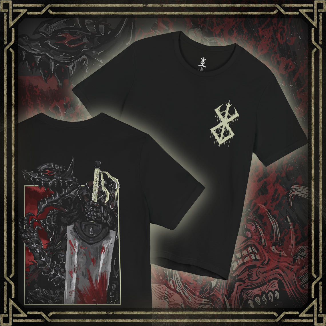 Thumbnail of a T-shirt featuring the Beast of Darkness from Berserk, the monstrous manifestation of Guts’ rage, grief, and trauma. Shaped like a demonic wolf cloaked in shadow, the Beast whispers bloodlust into Guts’ mind, urging him toward destruction. This design captures its feral snarl and glowing eyes—a haunting symbol of inner torment and the fight to retain humanity.