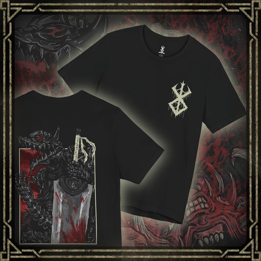 Thumbnail of a T-shirt featuring the Beast of Darkness from Berserk, the monstrous manifestation of Guts’ rage, grief, and trauma. Shaped like a demonic wolf cloaked in shadow, the Beast whispers bloodlust into Guts’ mind, urging him toward destruction. This design captures its feral snarl and glowing eyes—a haunting symbol of inner torment and the fight to retain humanity.