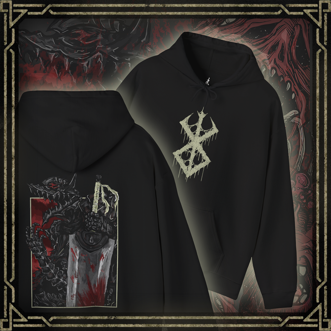 Thumbnail of a Hooded Sweatshirt showcasing the Beast of Darkness from Berserk, the monstrous force rooted deep in Guts’ soul. Erupting from within when he dons the Berserker Armor, this feral creature fuels his thirst for vengeance and threatens to consume his sanity. Cloaked in darkness and driven by pain, the Beast stands as a terrifying symbol of trauma, rage, and the inner demons Guts constantly battles on his brutal journey.
