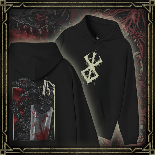 Thumbnail of a Hooded Sweatshirt showcasing the Beast of Darkness from Berserk, the monstrous force rooted deep in Guts’ soul. Erupting from within when he dons the Berserker Armor, this feral creature fuels his thirst for vengeance and threatens to consume his sanity. Cloaked in darkness and driven by pain, the Beast stands as a terrifying symbol of trauma, rage, and the inner demons Guts constantly battles on his brutal journey.