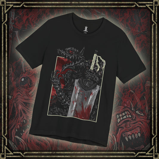 Thumbnail of a T-shirt featuring Guts and the Beast of Darkness from Berserk, the haunting manifestation of his inner rage and despair. This shadowy, wolf-like entity lurks within the Berserker Armor, whispering to Guts in moments of bloodlust and pain. With glowing red eyes and savage fangs, the Beast represents the fine line Guts walks between humanity and monster, making this design a chilling tribute to his psychological torment.
