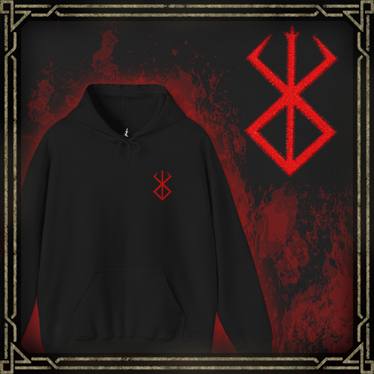 Thumbnail of a Embroidered hooded sweatshirt featuring the Brand of Sacrifice from Berserk, the ominous mark etched into those offered to the God Hand. Carved by dark rituals, the brand bleeds in the presence of apostles, binding the wearer to a fate of endless torment. This design captures its raw, haunting aesthetic—symbolizing pain, survival, and the curse of Guts and Casca.