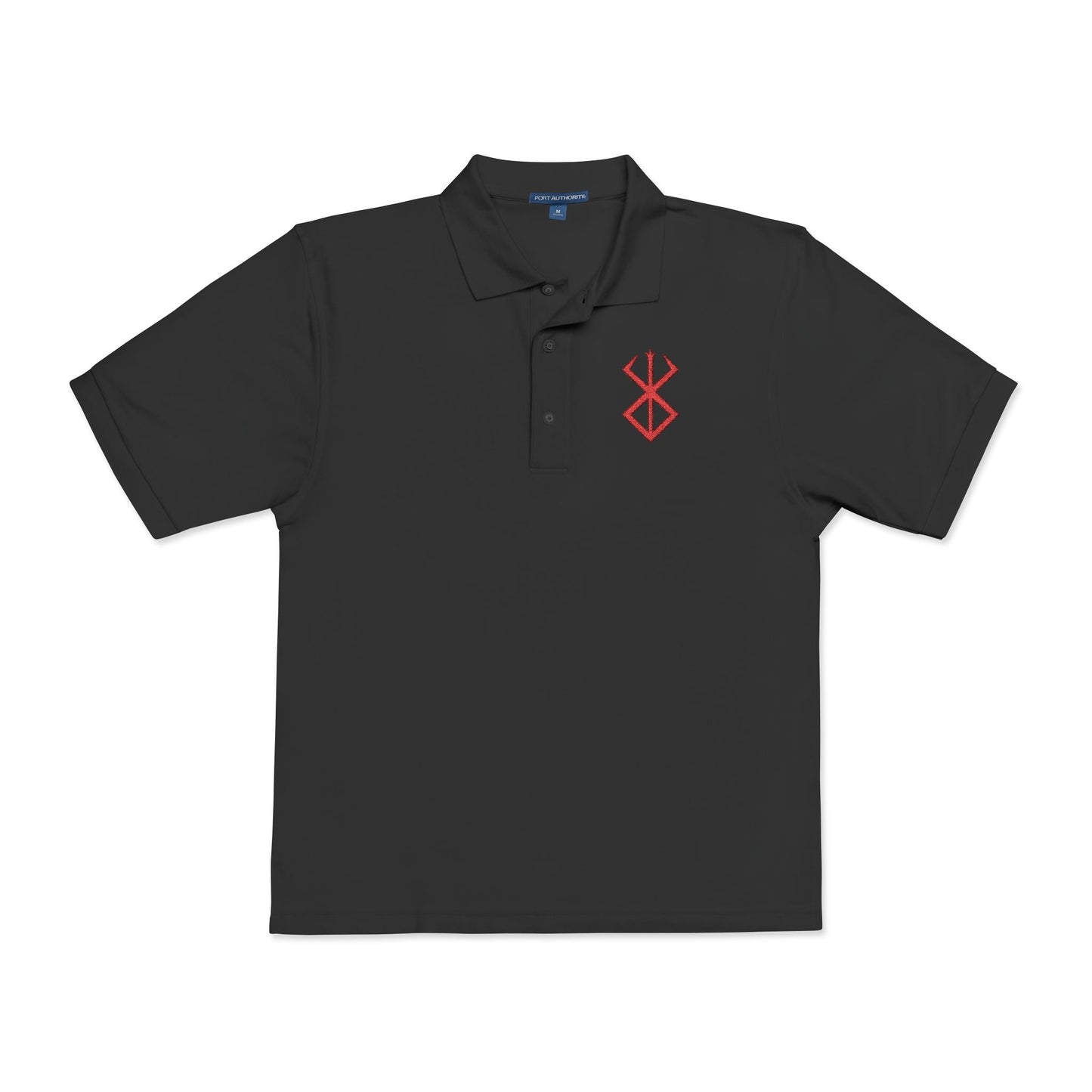 Folded Embroidered T-shirt showcasing the Brand of Sacrifice, a blood-soaked sigil from Berserk representing a pact with darkness. Branded individuals are doomed to be hunted by demonic forces, serving as offerings in the Eclipse. This artwork presents the brand’s jagged, cursed lines—an iconic emblem of suffering, vengeance, and defiance in a world consumed by evil.