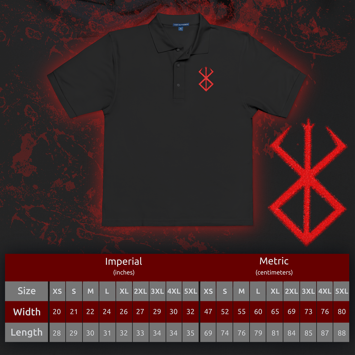 Size chart of a Embroidered T-shirt showcasing the Brand of Sacrifice, a blood-soaked sigil from Berserk representing a pact with darkness. Branded individuals are doomed to be hunted by demonic forces, serving as offerings in the Eclipse. This artwork presents the brand’s jagged, cursed lines—an iconic emblem of suffering, vengeance, and defiance in a world consumed by evil.