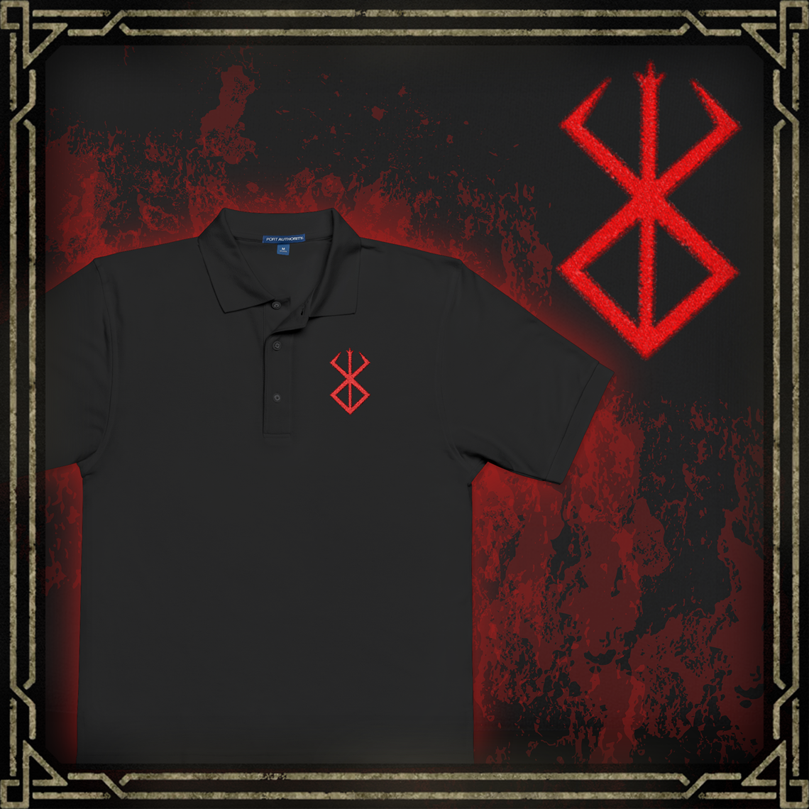 Thumbnail of a Embroidered T-shirt showcasing the Brand of Sacrifice, a blood-soaked sigil from Berserk representing a pact with darkness. Branded individuals are doomed to be hunted by demonic forces, serving as offerings in the Eclipse. This artwork presents the brand’s jagged, cursed lines—an iconic emblem of suffering, vengeance, and defiance in a world consumed by evil.