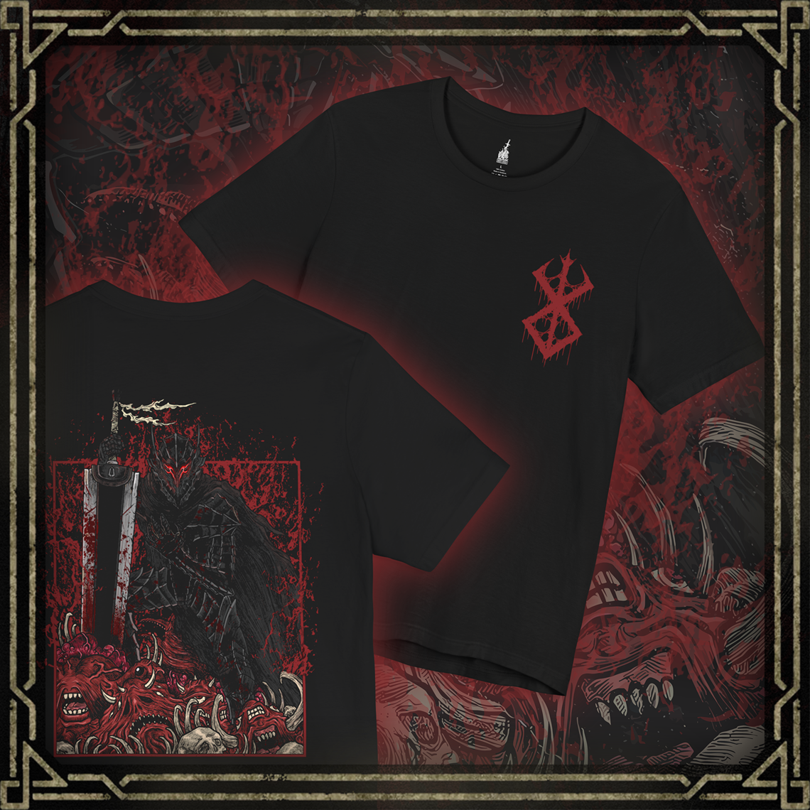 Thumbnail of a T-shirt featuring Guts in his Berserker Armor from Berserk, the cursed suit that grants him monstrous strength at the cost of his sanity. With glowing red eyes and jagged black plating, Guts becomes a relentless force of vengeance. This design captures the brutal elegance of the armor and the haunting power that consumes its wearer.