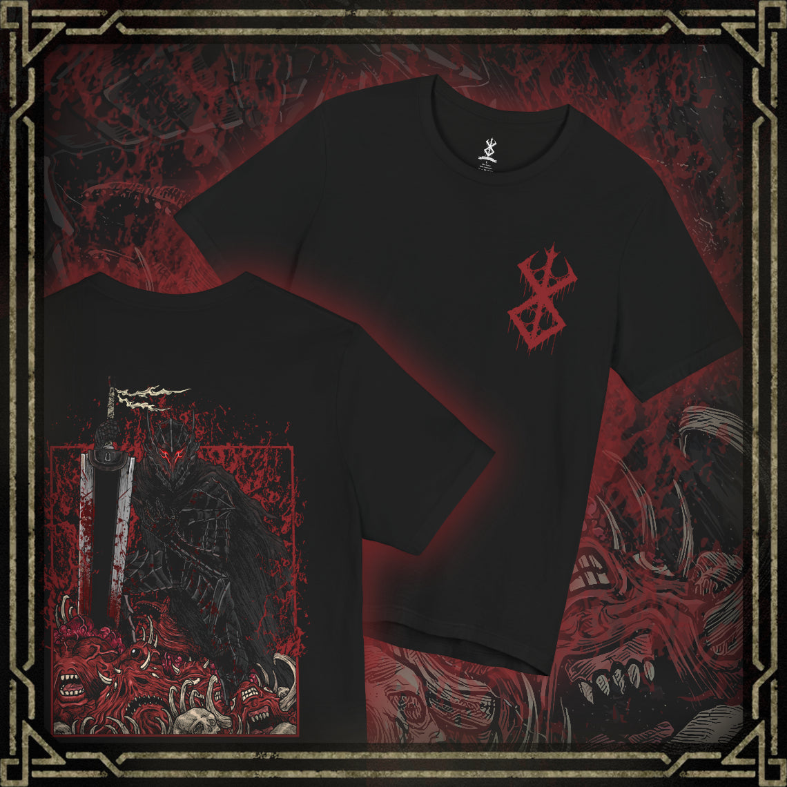 Thumbnail of a T-shirt featuring Guts in his Berserker Armor from Berserk, the cursed suit that grants him monstrous strength at the cost of his sanity. With glowing red eyes and jagged black plating, Guts becomes a relentless force of vengeance. This design captures the brutal elegance of the armor and the haunting power that consumes its wearer.