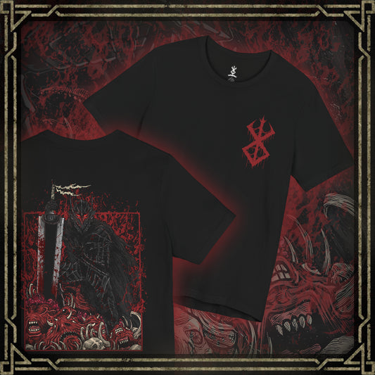 Thumbnail of a T-shirt featuring Guts in his Berserker Armor from Berserk, the cursed suit that grants him monstrous strength at the cost of his sanity. With glowing red eyes and jagged black plating, Guts becomes a relentless force of vengeance. This design captures the brutal elegance of the armor and the haunting power that consumes its wearer.