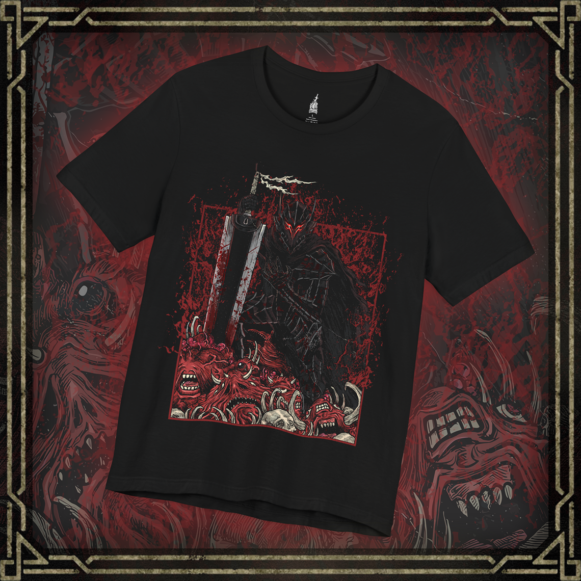 Thumbnail of a T-shirt featuring Guts in the Cursed Berserker Armor from Berserk, the Black Swordsman consumed by rage and sorrow. This bloodstained, wolf-shaped armor grants Guts inhuman strength while numbing pain, slowly tearing away at his body and mind. With glowing red eyes and towering presence, this design captures the raw brutality and tragic sacrifice that define Guts’ journey through a world ruled by darkness.