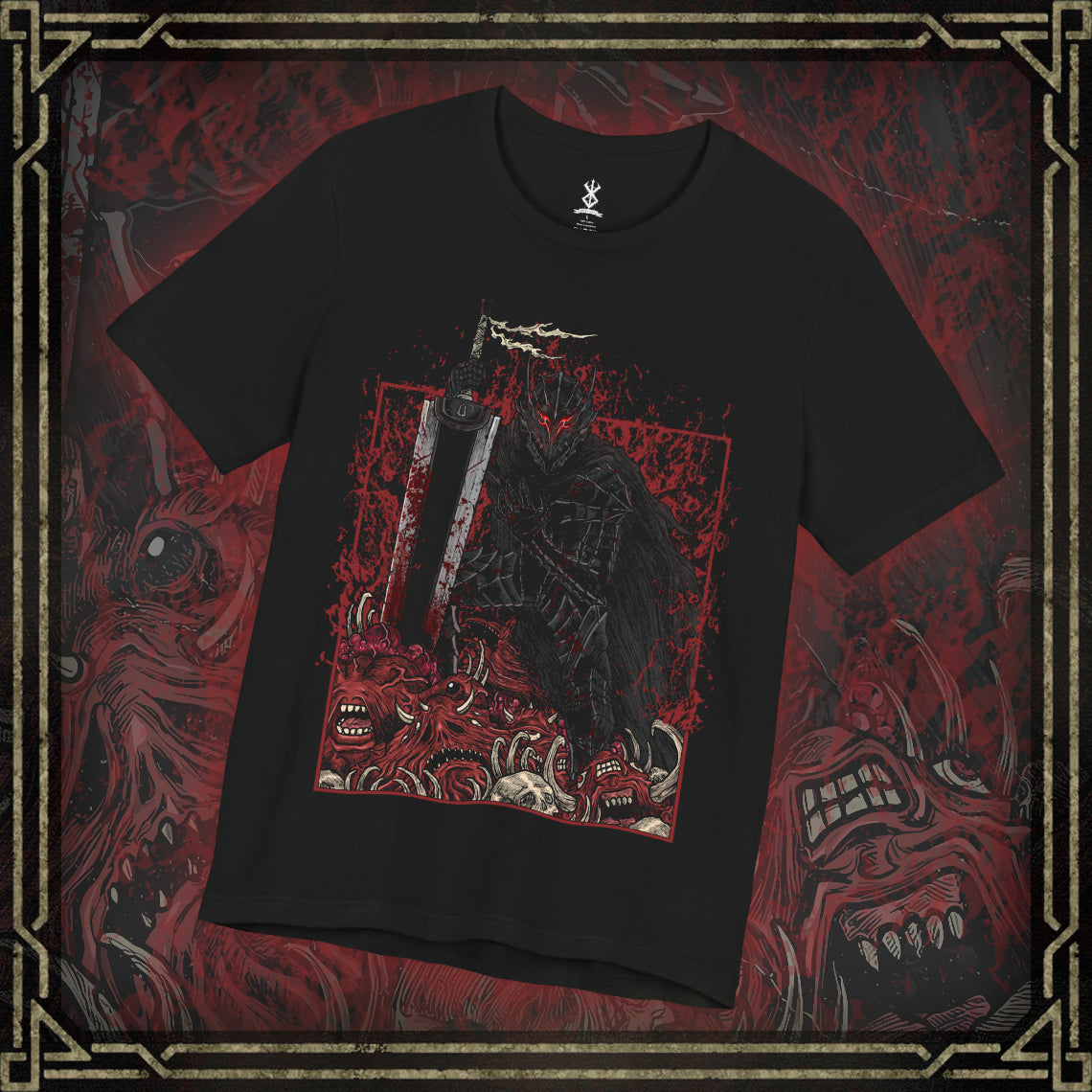 Thumbnail of a T-shirt featuring Guts in the Cursed Berserker Armor from Berserk, the Black Swordsman consumed by rage and sorrow. This bloodstained, wolf-shaped armor grants Guts inhuman strength while numbing pain, slowly tearing away at his body and mind. With glowing red eyes and towering presence, this design captures the raw brutality and tragic sacrifice that define Guts’ journey through a world ruled by darkness.