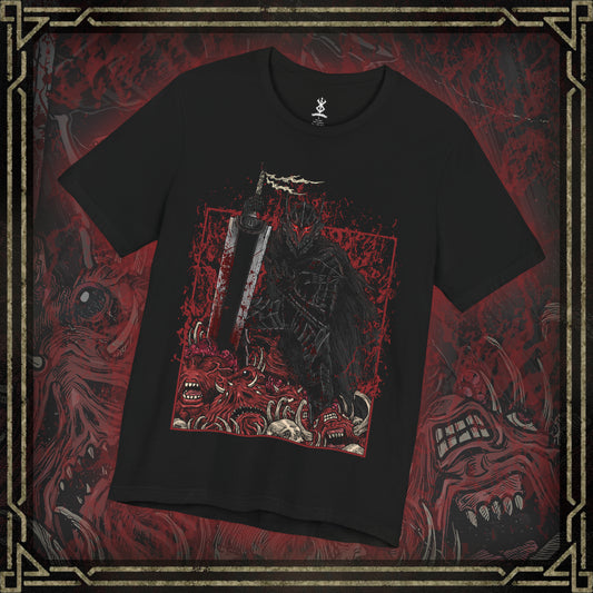 Thumbnail of a T-shirt featuring Guts in the Cursed Berserker Armor from Berserk, the Black Swordsman consumed by rage and sorrow. This bloodstained, wolf-shaped armor grants Guts inhuman strength while numbing pain, slowly tearing away at his body and mind. With glowing red eyes and towering presence, this design captures the raw brutality and tragic sacrifice that define Guts’ journey through a world ruled by darkness.