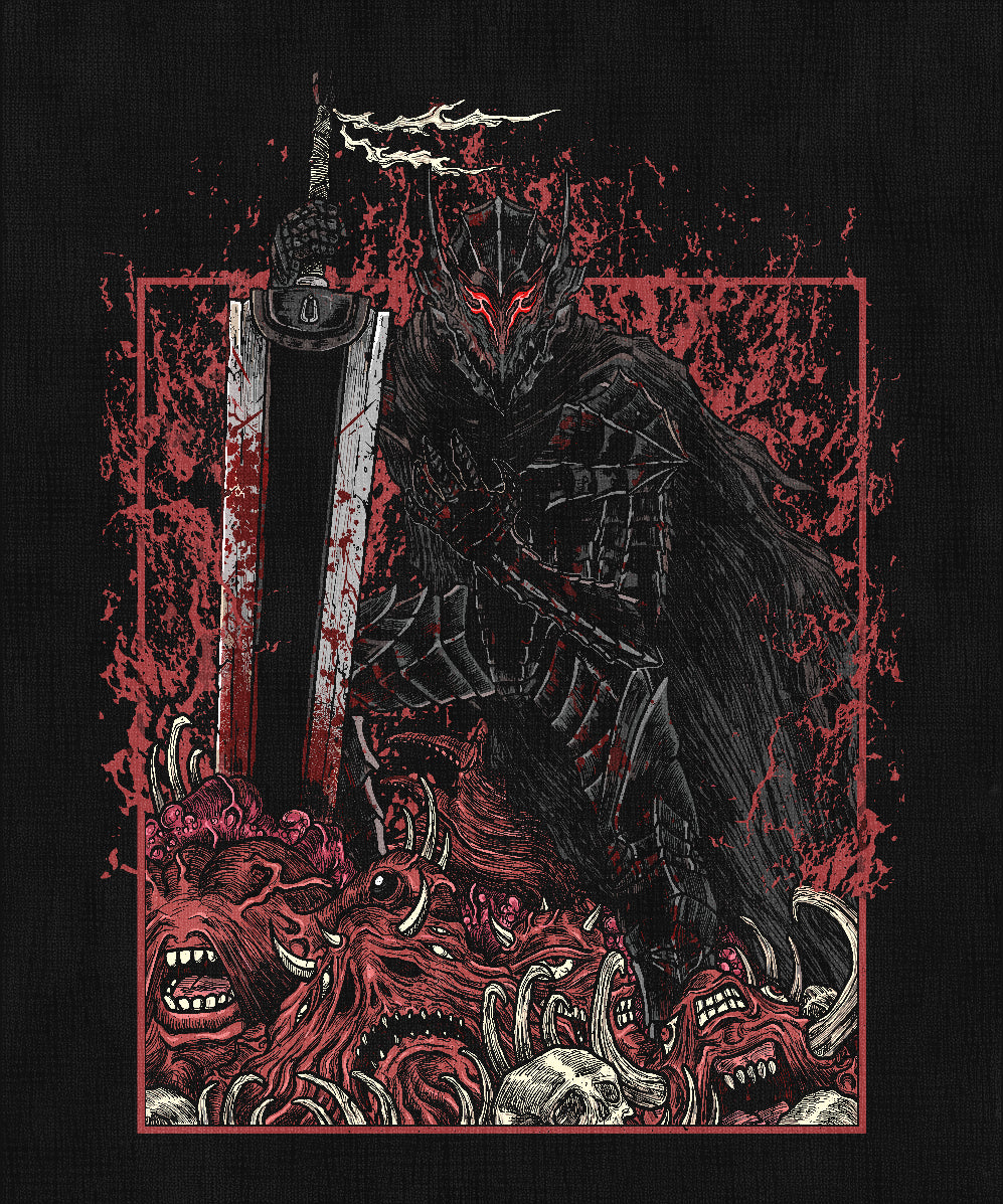 Wallpaper of Berserk Guts Armor Grim. The Berserker Armor worn by Guts in Berserk is a fearsome and mystical suit of armor that amplifies his already formidable combat abilities. When donned, it unleashes his full fury, pushing him beyond normal human limits and allowing him to fight with relentless ferocity. Designed to ignore pain and injury, the armor grants Guts immense strength, speed, and resilience, enabling him to take on even the most terrifying foes without hesitation.