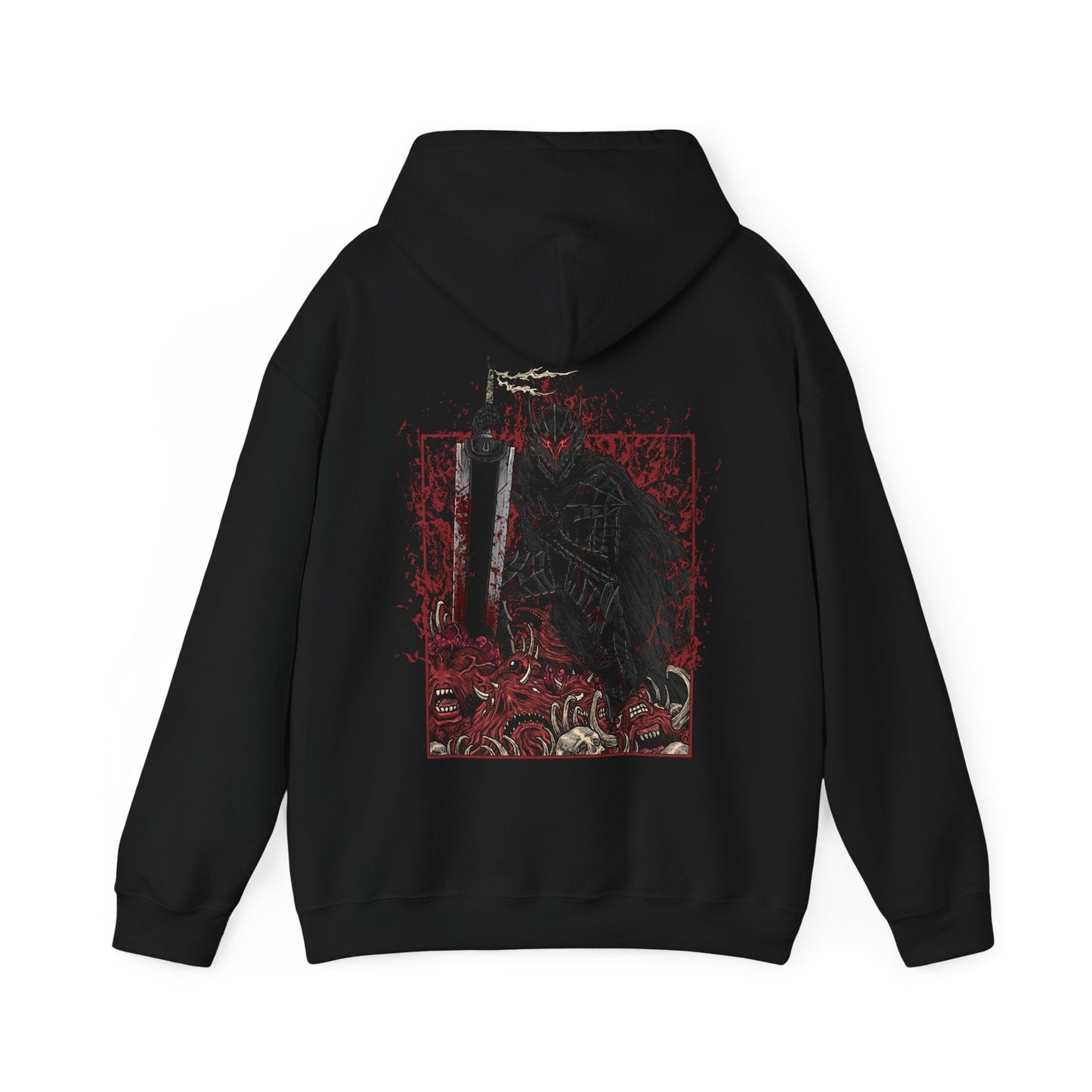 Image 4 of a Hooded Sweatshirt showcasing Guts in his Berserker Armor from Berserk, the iconic black armor forged to unleash unstoppable fury. This cursed armor amplifies Guts’ power at the cost of his humanity, transforming him into a feral force of vengeance. Paired with the legendary Dragonslayer sword, the design evokes his relentless battle against apostles and fate itself—perfect for fans of Kentaro Miura’s dark, powerful legacy.