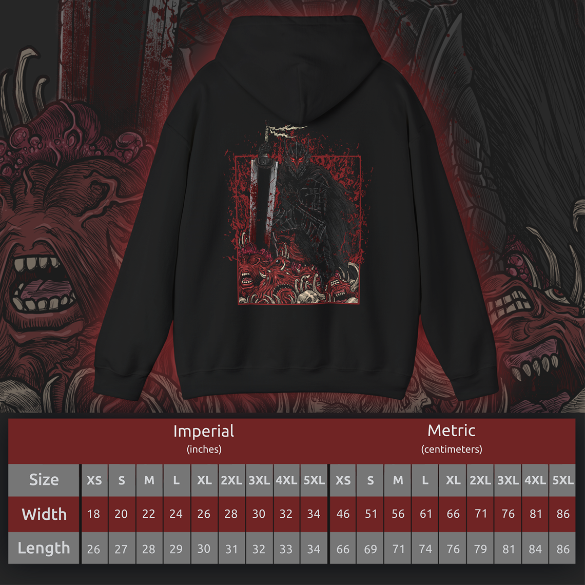 Size chart of a Hooded Sweatshirt showcasing Guts in his Berserker Armor from Berserk, the iconic black armor forged to unleash unstoppable fury. This cursed armor amplifies Guts’ power at the cost of his humanity, transforming him into a feral force of vengeance. Paired with the legendary Dragonslayer sword, the design evokes his relentless battle against apostles and fate itself—perfect for fans of Kentaro Miura’s dark, powerful legacy.