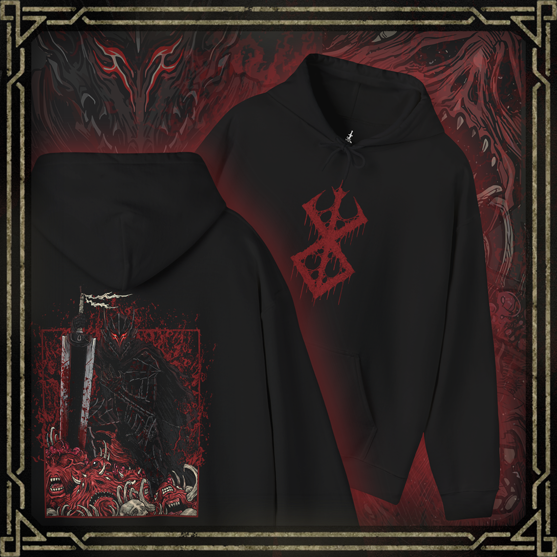 Thumbnail of a Hooded Sweatshirt showcasing Guts in his Berserker Armor from Berserk, the iconic black armor forged to unleash unstoppable fury. This cursed armor amplifies Guts’ power at the cost of his humanity, transforming him into a feral force of vengeance. Paired with the legendary Dragonslayer sword, the design evokes his relentless battle against apostles and fate itself—perfect for fans of Kentaro Miura’s dark, powerful legacy.