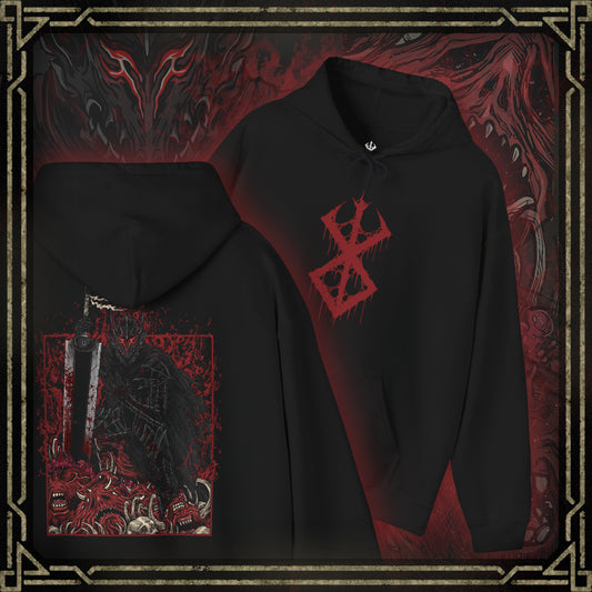 Thumbnail of a Hooded Sweatshirt showcasing Guts in his Berserker Armor from Berserk, the iconic black armor forged to unleash unstoppable fury. This cursed armor amplifies Guts’ power at the cost of his humanity, transforming him into a feral force of vengeance. Paired with the legendary Dragonslayer sword, the design evokes his relentless battle against apostles and fate itself—perfect for fans of Kentaro Miura’s dark, powerful legacy.