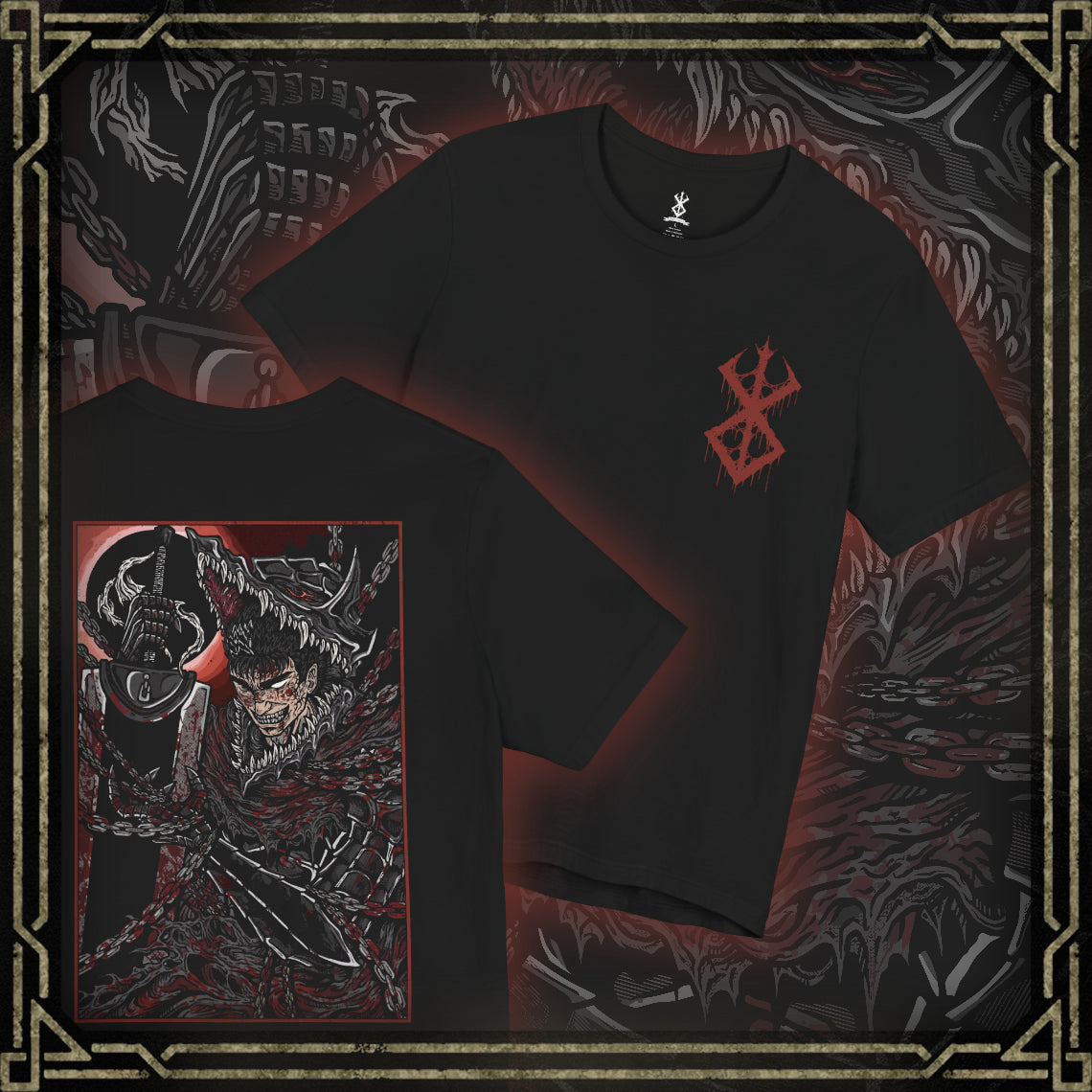 Thumbnail of a T-shirt featuring Guts in a moment of pure rage from Berserk, wielding the massive Dragonslayer with brutal force. His expression twisted in fury and pain, Guts becomes a force of nature, driven by vengeance against the God Hand. This design captures the raw emotion and explosive power that define his blood-soaked journey through darkness.