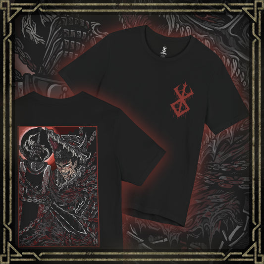 Thumbnail of a T-shirt featuring Guts in a moment of pure rage from Berserk, wielding the massive Dragonslayer with brutal force. His expression twisted in fury and pain, Guts becomes a force of nature, driven by vengeance against the God Hand. This design captures the raw emotion and explosive power that define his blood-soaked journey through darkness.