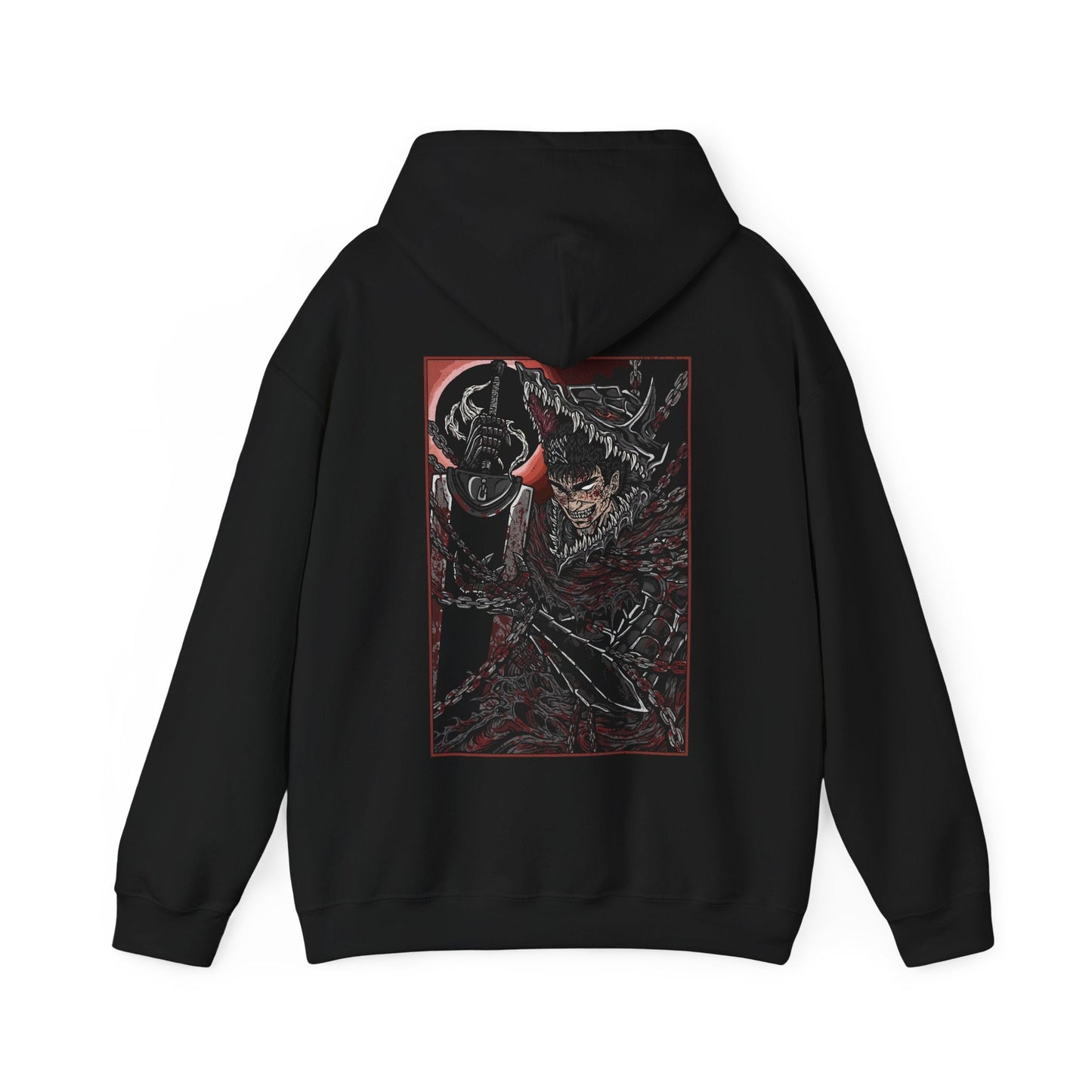Image 4 of a Hooded Sweatshirt showcasing Guts in the midst of his explosive rage from Berserk, a reflection of the inner turmoil that defines his character. From his tragic childhood to his brutal battles, Guts’ fury is the driving force of his relentless pursuit of vengeance. The design highlights his fierce determination, with his massive Dragonslayer sword raised high and eyes burning with hatred, embodying the violent, relentless spirit that fans have come to love.