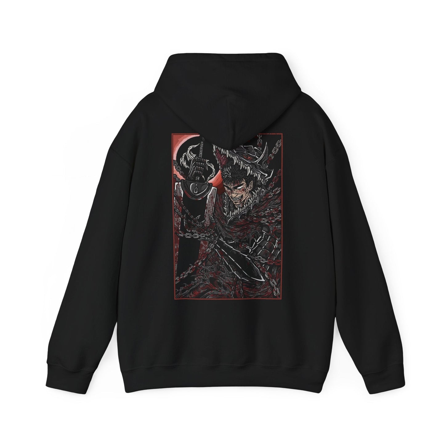 Image 5 of a Hooded Sweatshirt showcasing Guts in the midst of his explosive rage from Berserk, a reflection of the inner turmoil that defines his character. From his tragic childhood to his brutal battles, Guts’ fury is the driving force of his relentless pursuit of vengeance. The design highlights his fierce determination, with his massive Dragonslayer sword raised high and eyes burning with hatred, embodying the violent, relentless spirit that fans have come to love.