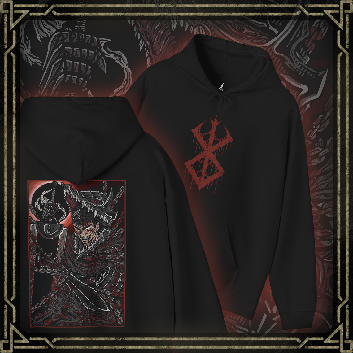 Thumbnail of a Hooded Sweatshirt showcasing Guts in the midst of his explosive rage from Berserk, a reflection of the inner turmoil that defines his character. From his tragic childhood to his brutal battles, Guts’ fury is the driving force of his relentless pursuit of vengeance. The design highlights his fierce determination, with his massive Dragonslayer sword raised high and eyes burning with hatred, embodying the violent, relentless spirit that fans have come to love.