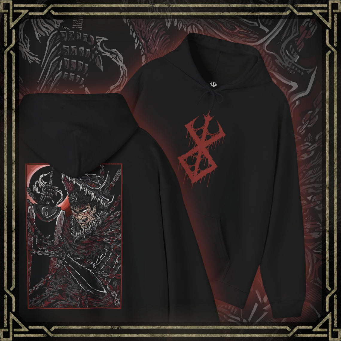 Thumbnail of a Hooded Sweatshirt showcasing Guts in the midst of his explosive rage from Berserk, a reflection of the inner turmoil that defines his character. From his tragic childhood to his brutal battles, Guts’ fury is the driving force of his relentless pursuit of vengeance. The design highlights his fierce determination, with his massive Dragonslayer sword raised high and eyes burning with hatred, embodying the violent, relentless spirit that fans have come to love.