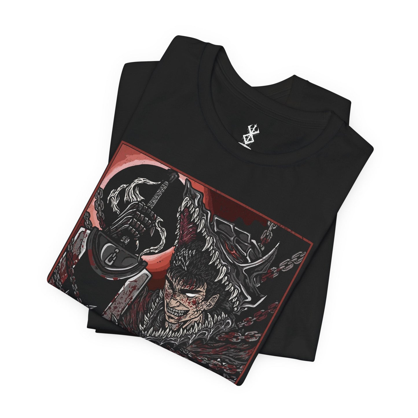 Folded T-shirt featuring Guts in a moment of pure, unrelenting rage from Berserk, the Black Swordsman consumed by vengeance and sorrow. With his iconic Dragonslayer sword in hand and his face twisted in fury, Guts channels the unyielding pain of his past battles. This design captures the raw, primal intensity of his journey, making it a must-have for fans of Berserk‘s dark, emotional storytelling and Guts’ struggle against insurmountable odds.