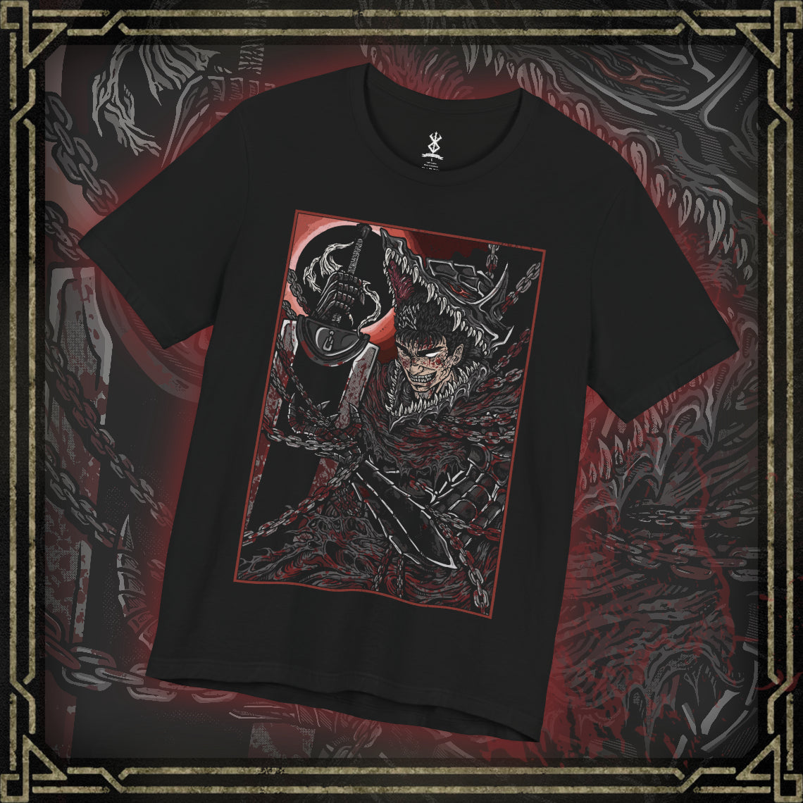 Thumbnail of a T-shirt featuring Guts in a moment of pure, unrelenting rage from Berserk, the Black Swordsman consumed by vengeance and sorrow. With his iconic Dragonslayer sword in hand and his face twisted in fury, Guts channels the unyielding pain of his past battles. This design captures the raw, primal intensity of his journey, making it a must-have for fans of Berserk‘s dark, emotional storytelling and Guts’ struggle against insurmountable odds.