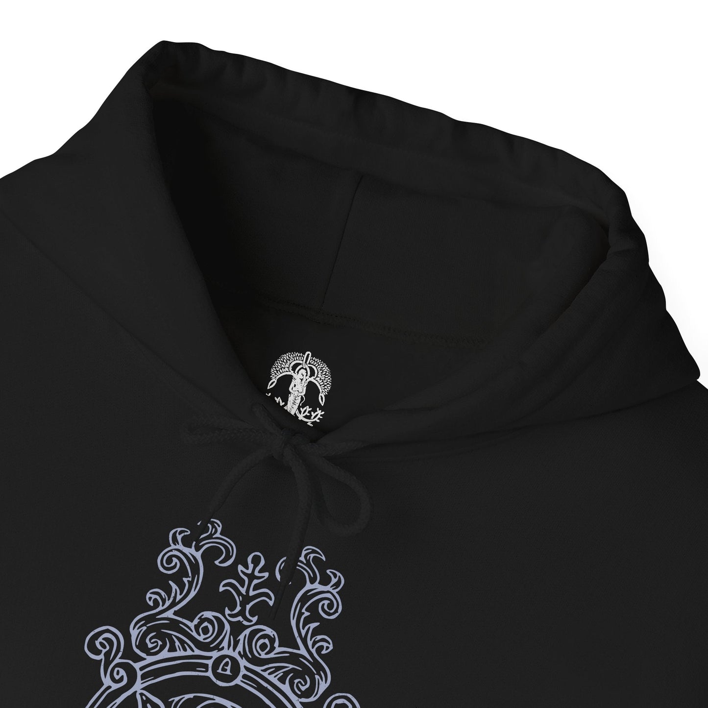 Folded Hooded Sweatshirt featuring Blaidd the Half-Wolf standing alone amid falling snow and crumbling stone, his greatsword resting at his side. His wolf-like form symbolizes strength and devotion, while the tension beneath hints at the curse that binds him to madness. This design reflects the sorrowful fate of a noble warrior torn apart by loyalty, destiny, and loss in the Lands Between.