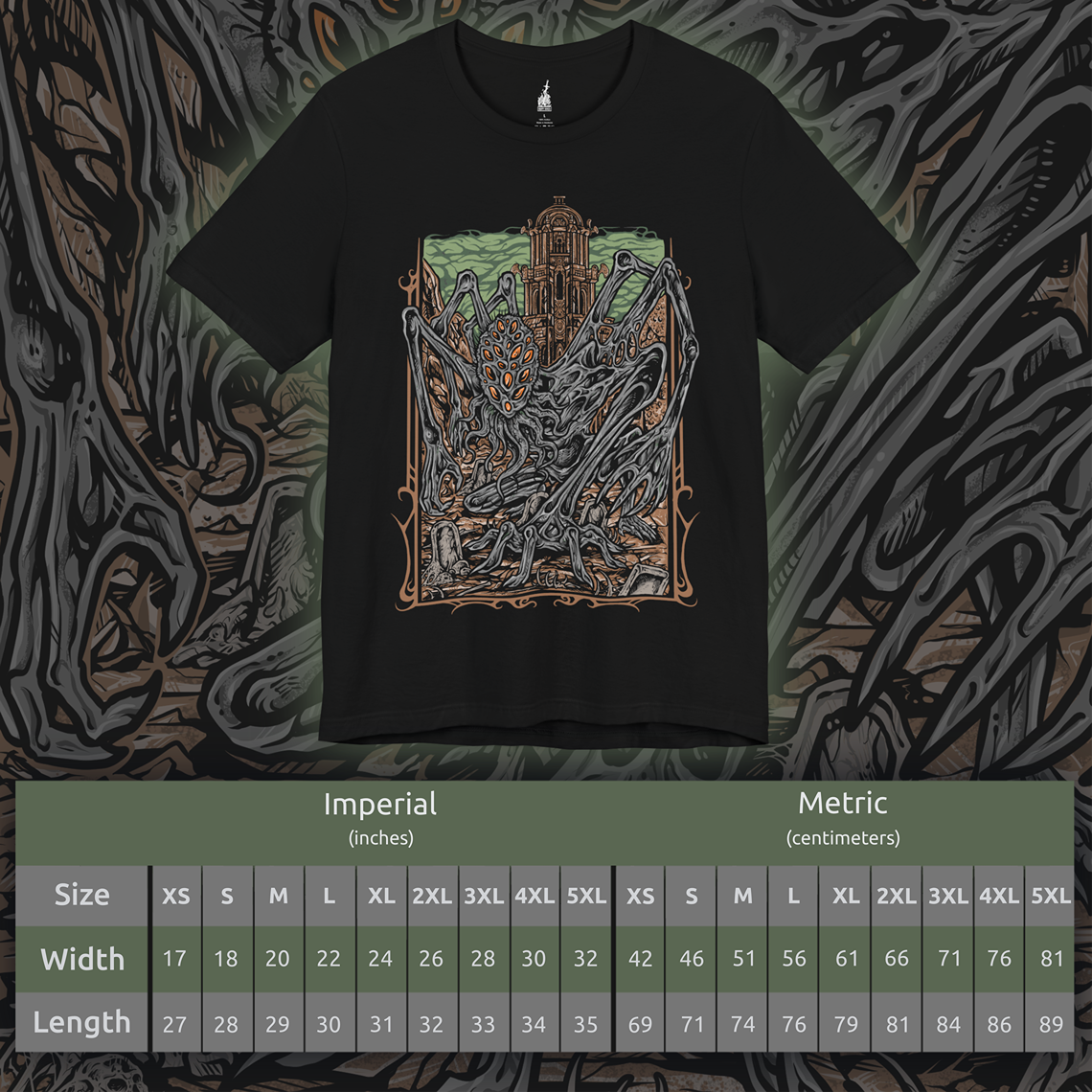 Size chart of a Bloodborne T-shirt showcasing Amygdala, one of the Great Ones lurking in the Nightmare Frontier. Its elongated limbs and haunting visage represent the alien majesty and cruelty of the cosmos. This artwork evokes the game’s Lovecraftian essence—fear, awe, and the revelation that gods walk unseen among men.