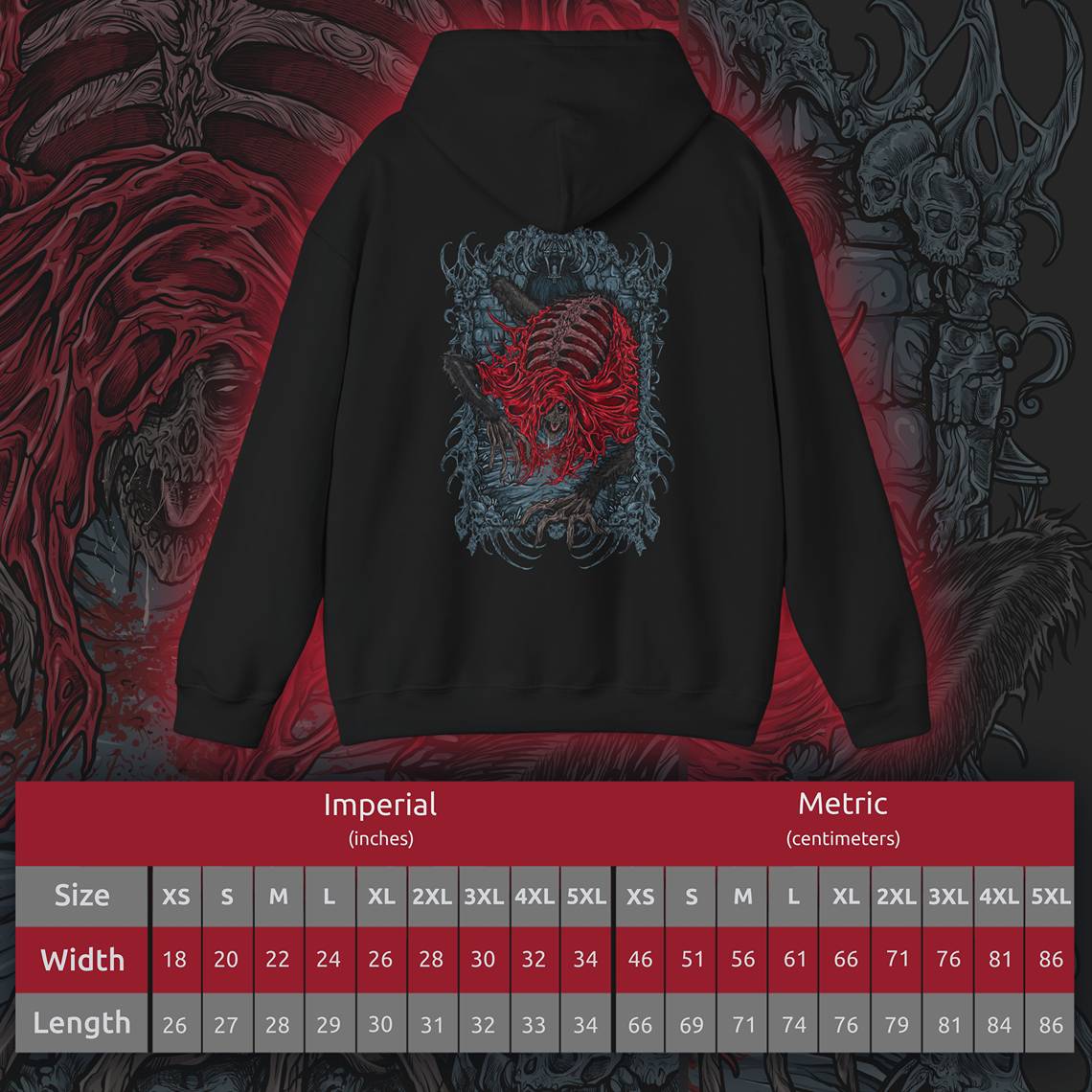 Size chart of a Hooded Sweatshirt showcasing the Blood-Starved Beast, one of Bloodborne’s most unsettling foes. With its gaunt body and twitching movements, this terrifying creature exudes poison and plague, a reflection of Yharnam’s corrupted blood rites. The design highlights its haunting presence and erratic savagery, making it a perfect tribute to Bloodborne’s atmosphere of rot, ruin, and madness.