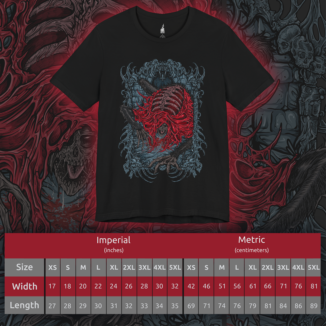 Size chart of a T-shirt featuring the Blood-Starved Beast from Bloodborne, a grotesque, emaciated creature wrapped in rotting flesh and dripping with plague. Lurking in Old Yharnam, this frenzied abomination embodies the city’s festering sickness and the horrors unleashed by forbidden blood. This design captures the beast’s twisted, skeletal frame and ravenous fury—an eerie symbol of the hunt’s decaying world.
