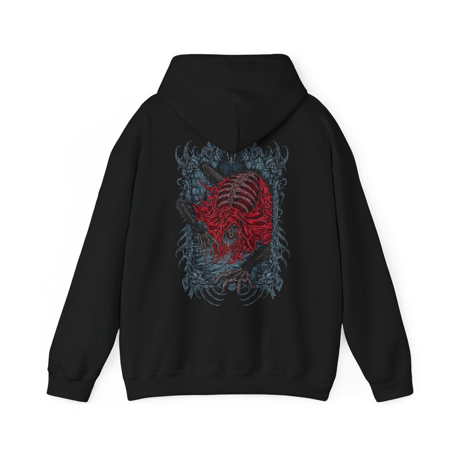 Image 5 of a Hooded Sweatshirt showcasing the Blood-Starved Beast, one of Bloodborne’s most unsettling foes. With its gaunt body and twitching movements, this terrifying creature exudes poison and plague, a reflection of Yharnam’s corrupted blood rites. The design highlights its haunting presence and erratic savagery, making it a perfect tribute to Bloodborne’s atmosphere of rot, ruin, and madness.