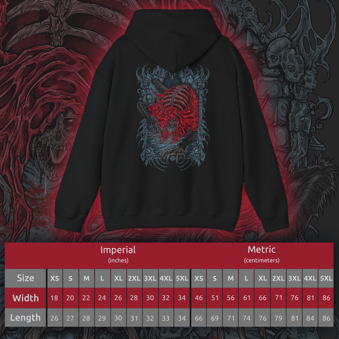 Size chart of a Hooded Sweatshirt showcasing the Blood-Starved Beast, one of Bloodborne’s most unsettling foes. With its gaunt body and twitching movements, this terrifying creature exudes poison and plague, a reflection of Yharnam’s corrupted blood rites. The design highlights its haunting presence and erratic savagery, making it a perfect tribute to Bloodborne’s atmosphere of rot, ruin, and madness.