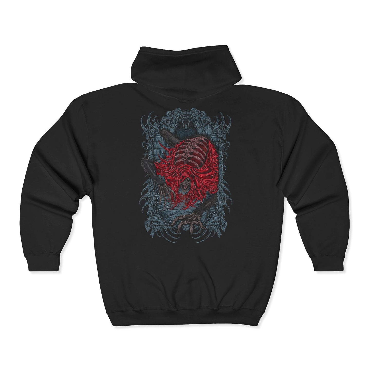 Folded Zip-up Hooded Sweatshirt featuring the Blood-Starved Beast from Bloodborne, a gaunt and mummified monstrosity wracked with endless bloodlust. Once a cleric of the Healing Church, this terrifying creature succumbed to the Ashen Blood plague, its rotting flesh and frenzied movements embodying the horrors of Yharnam’s cursed transformation. With its erratic lunges and venomous attacks, the Blood-Starved Beast is a true test of a hunter’s skill.