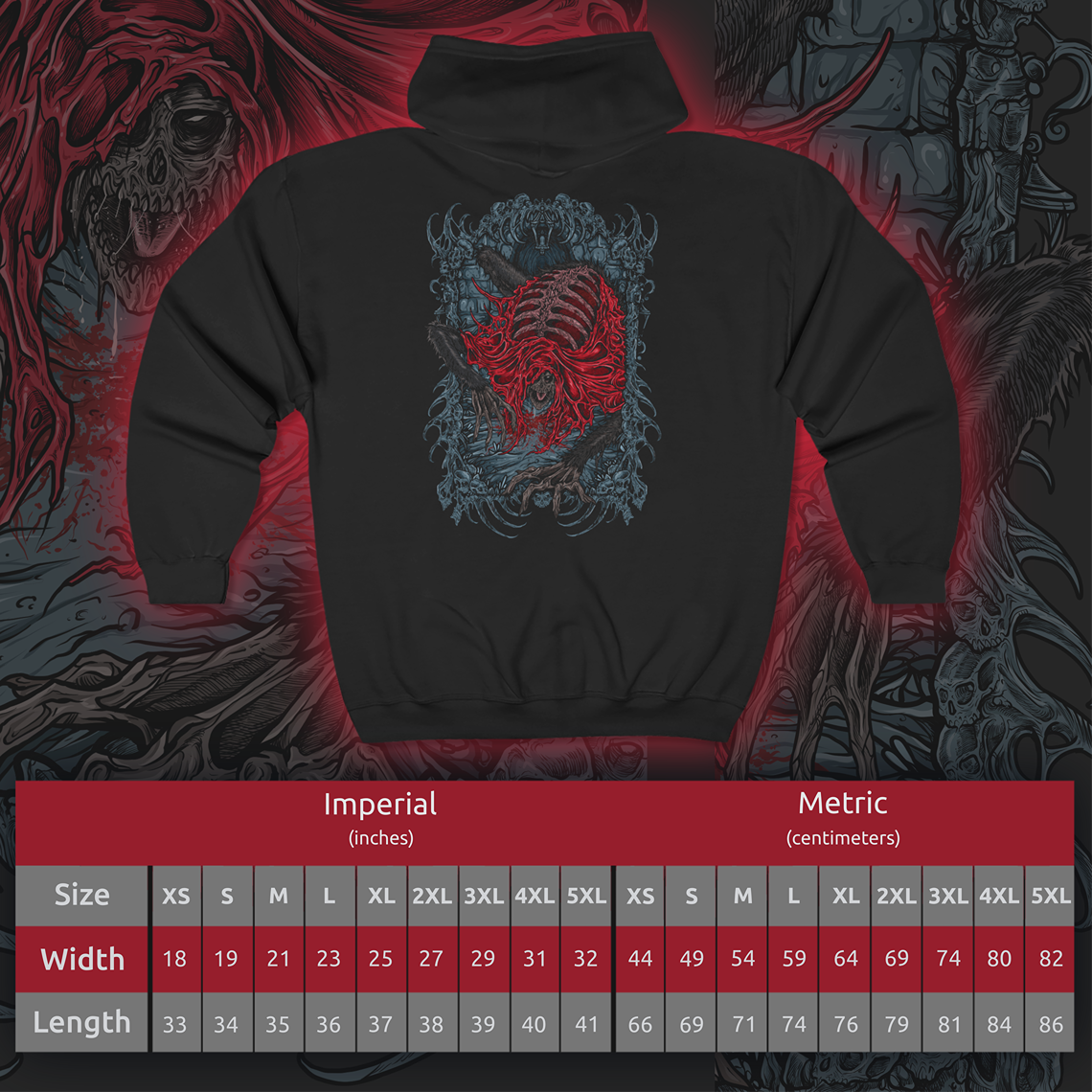 Size chart of a Zip-up Hooded Sweatshirt featuring the Blood-Starved Beast from Bloodborne, a gaunt and mummified monstrosity wracked with endless bloodlust. Once a cleric of the Healing Church, this terrifying creature succumbed to the Ashen Blood plague, its rotting flesh and frenzied movements embodying the horrors of Yharnam’s cursed transformation. With its erratic lunges and venomous attacks, the Blood-Starved Beast is a true test of a hunter’s skill.