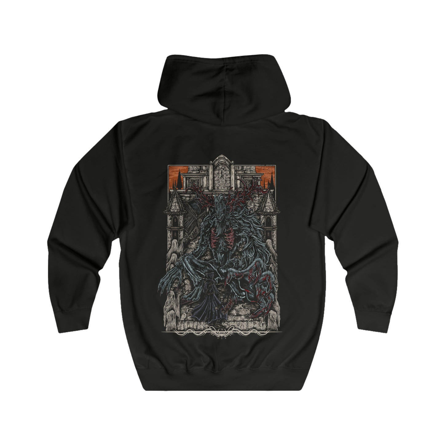 Folded Zip-up Hooded Sweatshirt featuring the Cleric Beast from Bloodborne, the towering, nightmarish creature that lurks on the Great Bridge of Yharnam. Once a revered cleric of the Healing Church, this monstrous beast has succumbed to the scourge, its gnarled antlers and matted fur symbolizing the grotesque fate of those consumed by the blood. With deafening roars and frenzied attacks, the Cleric Beast is a chilling embodiment of Yharnam’s curse.