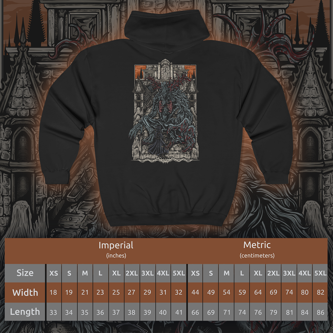 Size chart of a Zip-up Hooded Sweatshirt featuring the Cleric Beast from Bloodborne, the towering, nightmarish creature that lurks on the Great Bridge of Yharnam. Once a revered cleric of the Healing Church, this monstrous beast has succumbed to the scourge, its gnarled antlers and matted fur symbolizing the grotesque fate of those consumed by the blood. With deafening roars and frenzied attacks, the Cleric Beast is a chilling embodiment of Yharnam’s curse.