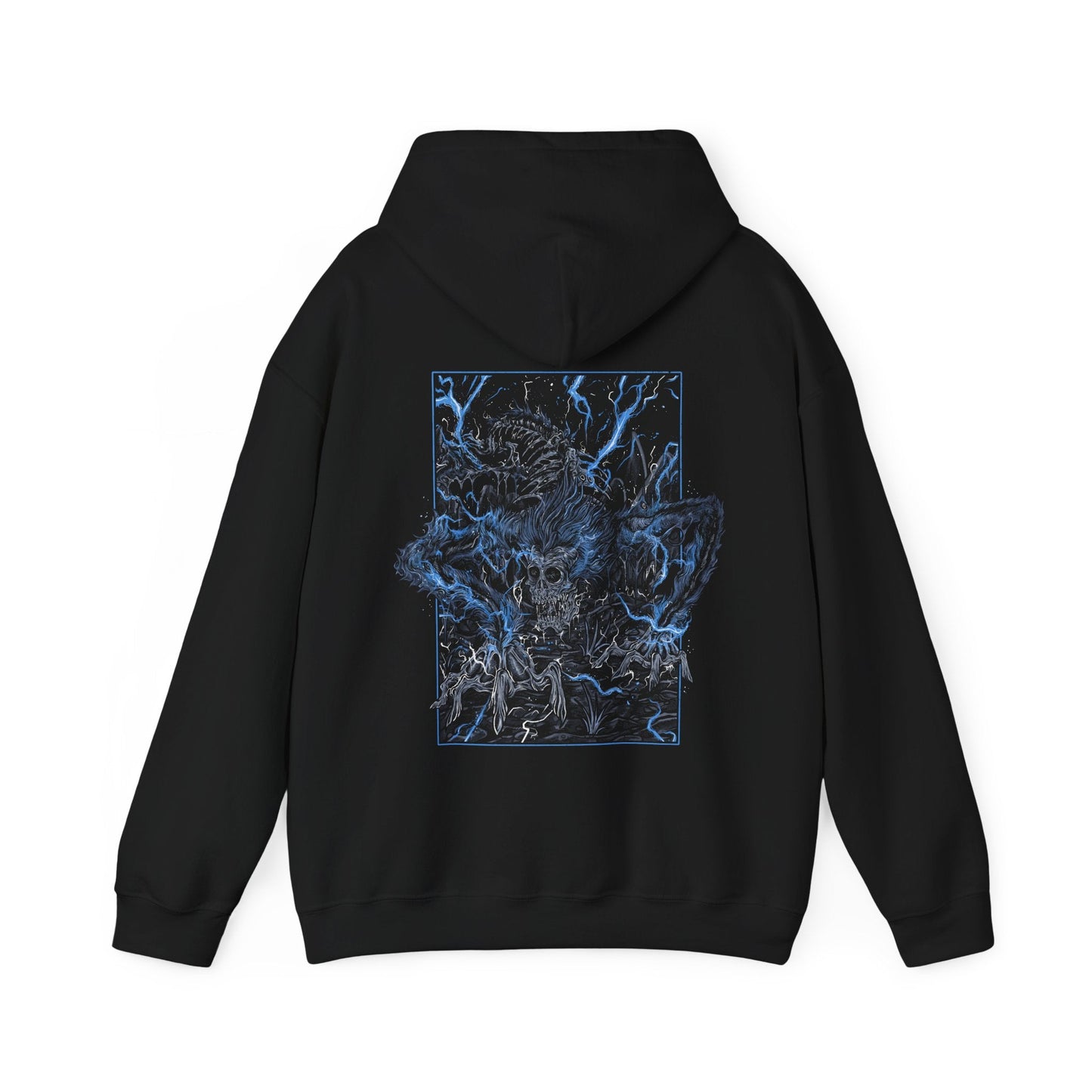 Image 4 of a Hooded Sweatshirt featuring Darkbeast Paarl from Bloodborne, designed with a grim and electrifying aesthetic. The artwork captures Paarl’s skeletal, beastly form crackling with blue lightning, set against a haunting, dark backdrop that emphasizes its wild, chaotic energy. Perfect for fans who revel in the nightmarish horrors of Yharnam and the frenzied battles against the terrors lurking within the shadows.