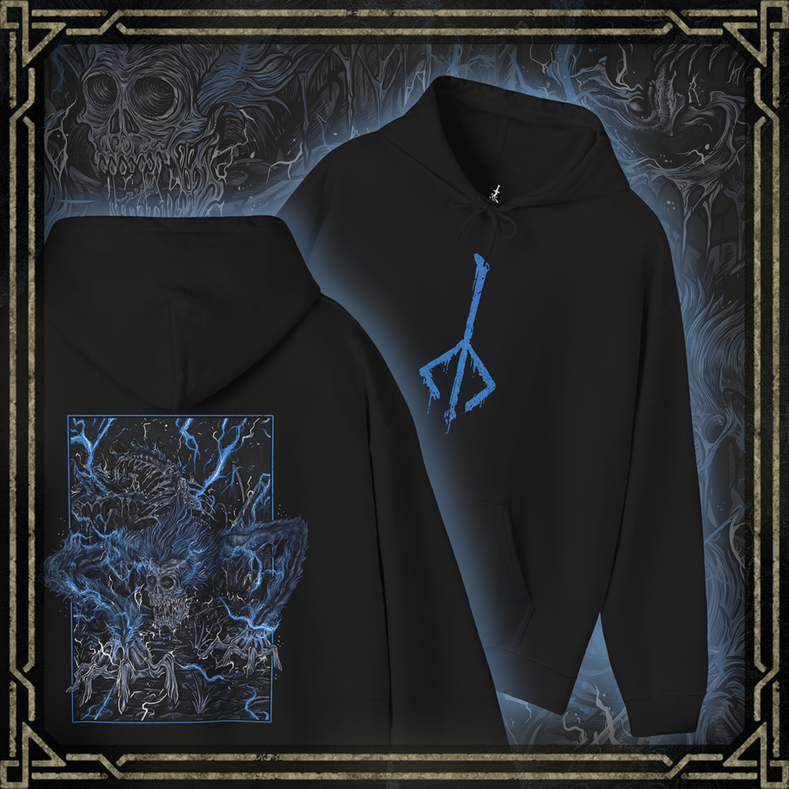 Thumbnail of a Hooded Sweatshirt featuring Darkbeast Paarl from Bloodborne, designed with a grim and electrifying aesthetic. The artwork captures Paarl’s skeletal, beastly form crackling with blue lightning, set against a haunting, dark backdrop that emphasizes its wild, chaotic energy. Perfect for fans who revel in the nightmarish horrors of Yharnam and the frenzied battles against the terrors lurking within the shadows.