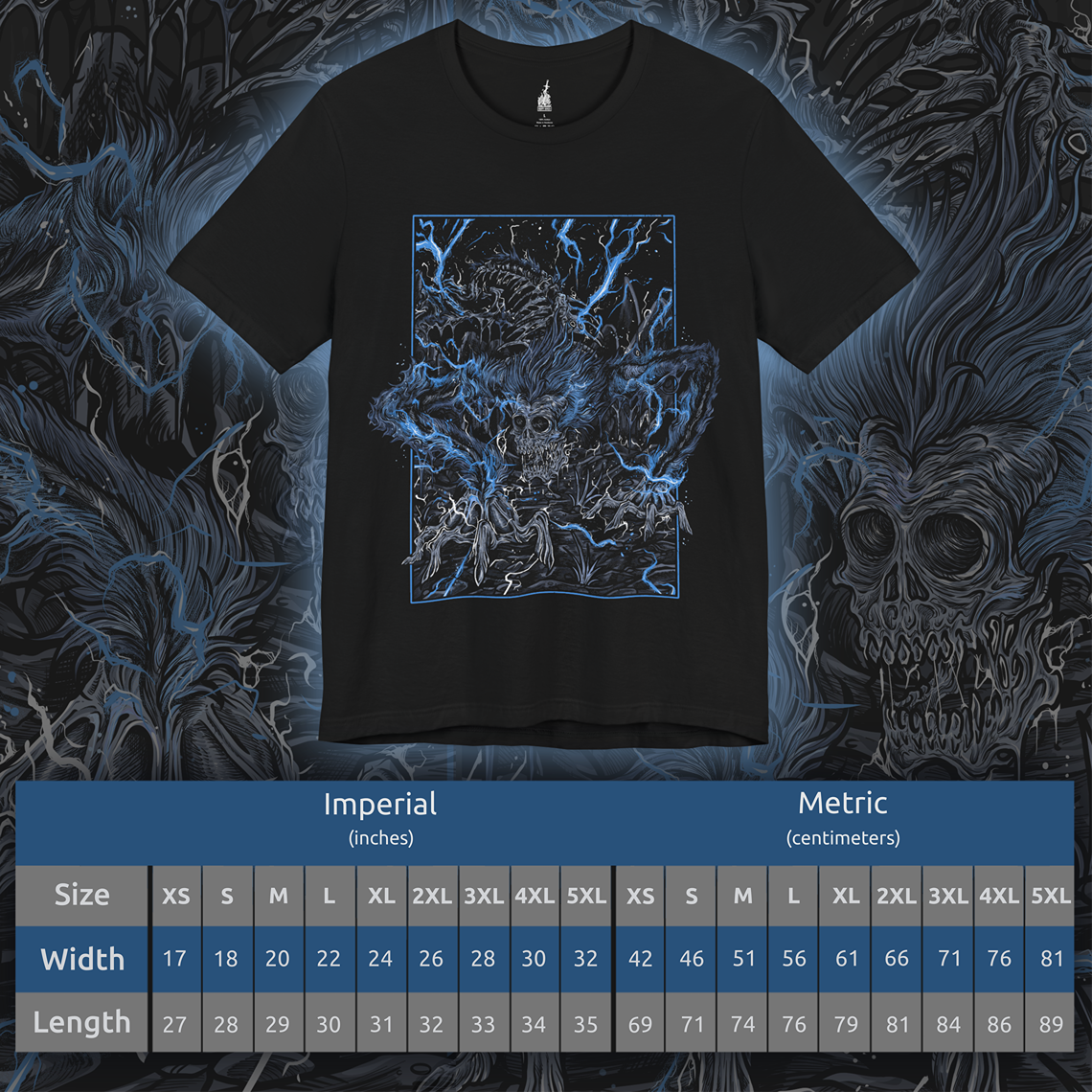 Size chart of a T-shirt featuring Darkbeast Paarl from Bloodborne, designed with a grim and electrifying aesthetic. The artwork captures Paarl’s skeletal, beastly form crackling with blue lightning, set against a haunting, dark backdrop that emphasizes its wild, chaotic energy. Perfect for fans who revel in the nightmarish horrors of Yharnam and the frenzied battles against the terrors lurking within the shadows.