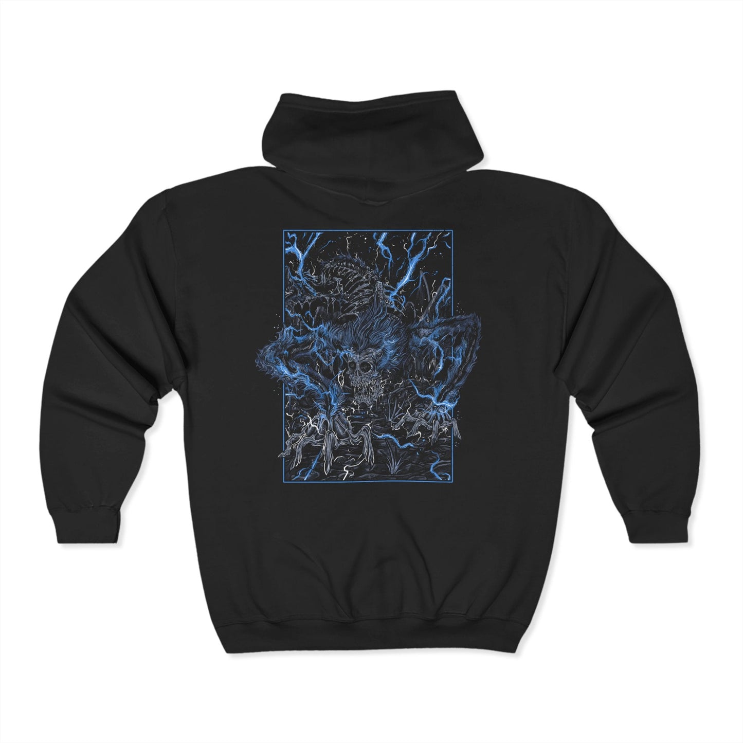 Folded Zip-up Hooded Sweatshirt featuring Darkbeast Paarl from Bloodborne, the skeletal, lightning-wreathed monstrosity lurking in the ruins of Yahar’gul. Its emaciated frame crackles with untamed arcane energy, a terrifying remnant of the Healing Church’s dark experiments. With glowing blue lightning illuminating its gaunt form, Paarl thrashes in feral rage, embodying the raw chaos of the old blood. This grim design captures the horror of Bloodborne.