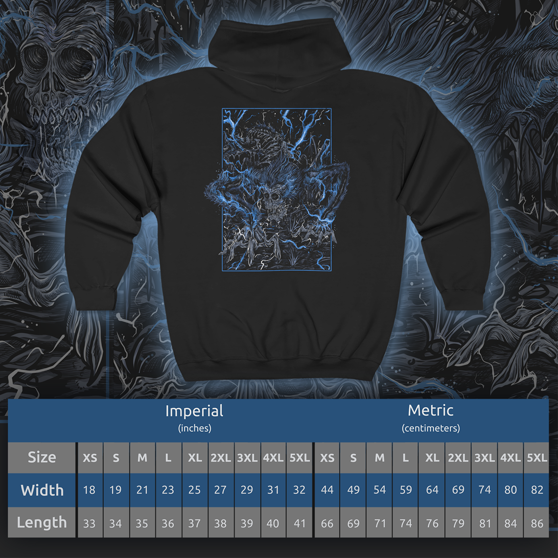 Size chart of a Zip-up Hooded Sweatshirt featuring Darkbeast Paarl from Bloodborne, the skeletal, lightning-wreathed monstrosity lurking in the ruins of Yahar’gul. Its emaciated frame crackles with untamed arcane energy, a terrifying remnant of the Healing Church’s dark experiments. With glowing blue lightning illuminating its gaunt form, Paarl thrashes in feral rage, embodying the raw chaos of the old blood. This grim design captures the horror of Bloodborne.