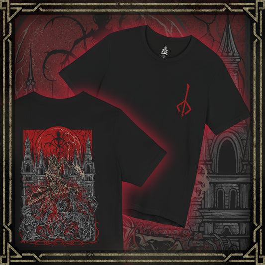 Thumbnail of a T-shirt featuring the Hunter of Yharnam from Bloodborne, cloaked in worn leathers and wielding iconic trick weapons amid a city drenched in blood and madness. As a lone warrior facing beasts and cosmic horrors, the Hunter stands as a symbol of perseverance in a world ruled by eldritch decay. This design captures the gothic horror at the heart of the Hunt.